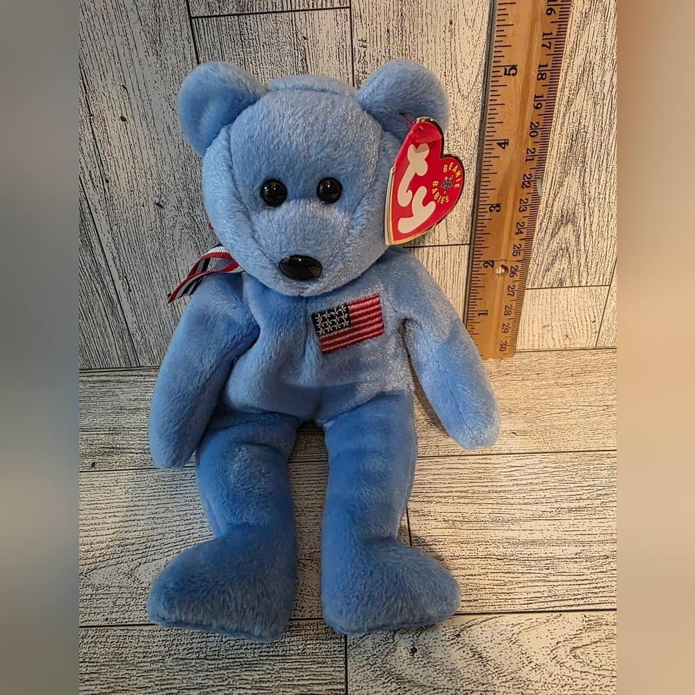 Ty America Blue Plush Bear Toy - Picture 1 of 4